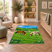 Horses Grazing by Fence Rug in a nursery with a crib and armchair