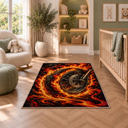 Flaming Motorcycle Wheel Rug in a nursery with a crib and armchair