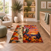 Woodpecker on Birch Rug in a nursery with a crib and armchair