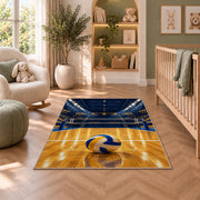Indoor Volleyball Arena Rug in a nursery with a crib and armchair