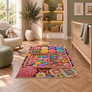 Crochet Supply Box Rug in a nursery with a crib and armchair