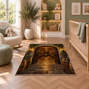 Stone Arch Cellar Rug in a nursery with a crib and armchair