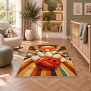 Retro 70s Stripes Bowling Rug in a nursery with a crib and armchair