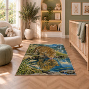 Leopard Drinking at Lake Rug in a nursery with a crib and armchair