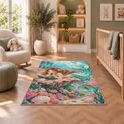 Mermaid Reading a Book Rug in a nursery with a crib and armchair