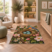 Bird Nest and Blue Eggs Rug in a nursery with a crib and armchair