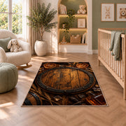 Oak Barrel Head Rug in a nursery with a crib and armchair