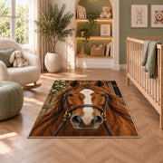 Horse Face Close-Up Rug in a nursery with a crib and armchair
