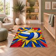 Pop Art Volleyball Rug in a nursery with a crib and armchair
