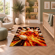 Flaming Bowling Ball Rug in a nursery with a crib and armchair