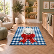 Gingham Horse and Rosette Rug in a nursery with a crib and armchair