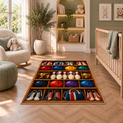 Bowling Gear Shelf Rug in a nursery with a crib and armchair