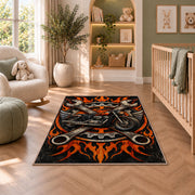 Motorcycle and Crossed Wrenches Rug in a nursery with a crib and armchair