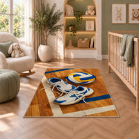 Volleyball Shoes on Court Rug in a nursery with a crib and armchair