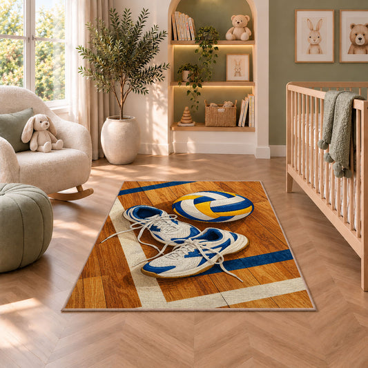 Volleyball Shoes on Court Rug in a nursery with a crib and armchair