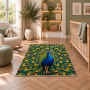 Peacock Feathers Rug in a nursery with a crib and armchair