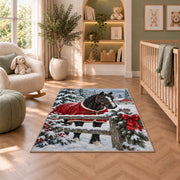 Horse in Winter Snow Rug in a nursery with a crib and armchair