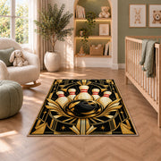 Art Deco Bowling Rug in a nursery with a crib and armchair