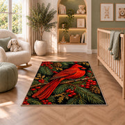 Cardinal on Black Rug in a nursery with a crib and armchair