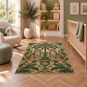 Twin Leopards and Palm Rug in a nursery with a crib and armchair