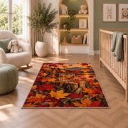 Whiskey and Maple Leaves Rug in a nursery with a crib and armchair