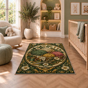 Vintage Engraved Yarn Rug in a nursery with a crib and armchair