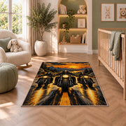Three Riders Headlights Rug in a nursery with a crib and armchair