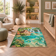Tropical Lagoon Mermaid Rug in a nursery with a crib and armchair