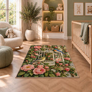 Vintage Birdcage and Roses Rug in a nursery with a crib and armchair