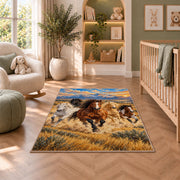 Wild Horses Galloping Rug in a nursery with a crib and armchair