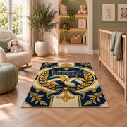 Classic Volleyball Crest Rug in a nursery with a crib and armchair