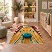 Bowling Lane and Checkers Rug in a nursery with a crib and armchair