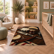 straight razor and shaving brush rug in a nursery with a crib and armchair