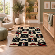 checkered barbershop icons rug in a nursery with a crib and armchair