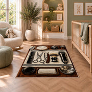 barber tools flat lay rug in a nursery with a crib and armchair