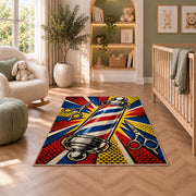 pop art barber pole rug in a nursery with a crib and armchair