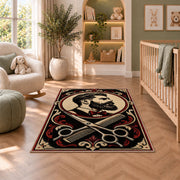 bearded gentleman barber rug in a nursery with a crib and armchair