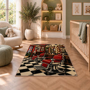 barbershop interior rug in a nursery with a crib and armchair