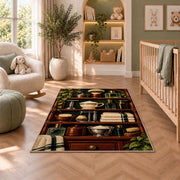 vintage shaving shelf rug in a nursery with a crib and armchair