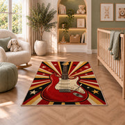 retro red electric guitar rug in a nursery with a crib and armchair