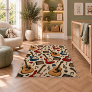 guitar pattern rug in a nursery with a crib and armchair