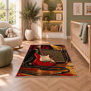 electric guitar and amp stage rug in a nursery with a crib and armchair