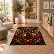 crossed guitars rock emblem rug in a nursery with a crib and armchair