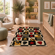checkered rock guitar rug in a nursery with a crib and armchair