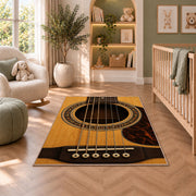 acoustic guitar soundhole rug in a nursery with a crib and armchair