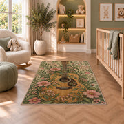 boho guitar and wildflowers rug in a nursery with a crib and armchair