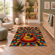 guitar pick mosaic rug in a nursery with a crib and armchair