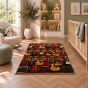 guitar shop wall rug in a nursery with a crib and armchair