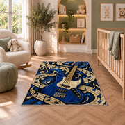 blue bass guitar rug in a nursery with a crib and armchair
