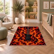 flaming electric guitar rug in a nursery with a crib and armchair